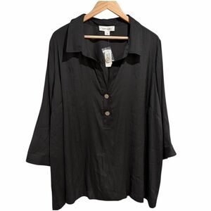 Addition Elle Black Blouse 3/4 Length Sleeve Blouse with Button Detail NWT